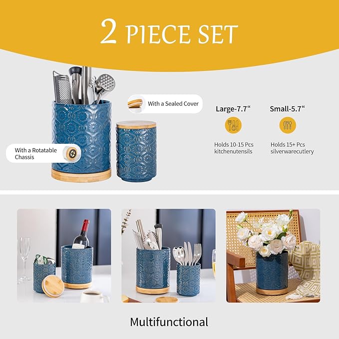 TEATALK Utensil Holder Set of 2, 7.7"+5.7" Ceramic Kitchen Utensil Holder for Countertop, Farmhouse Vintage Utensil Crock, 360° Rotating Large Utensil Organizer, Dark Blue