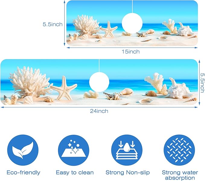 Tropical Beach Seashells Kitchen Sink Splash Guard Absorbent Fast Drying Mat Faucet Draining Mat Behind Faucet Drip Catcher for Kitchen Bathroom 5.5"24"