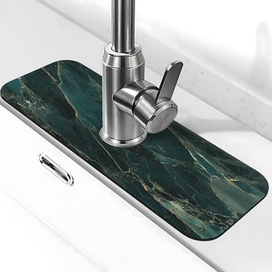 Sink Faucet Mat Elegant Green Marble Kitchen Splash Guard Absorbent Bathroom Sink Mat Around Faucet 15" x 5.5" Drying Mats Stone Draining Mat