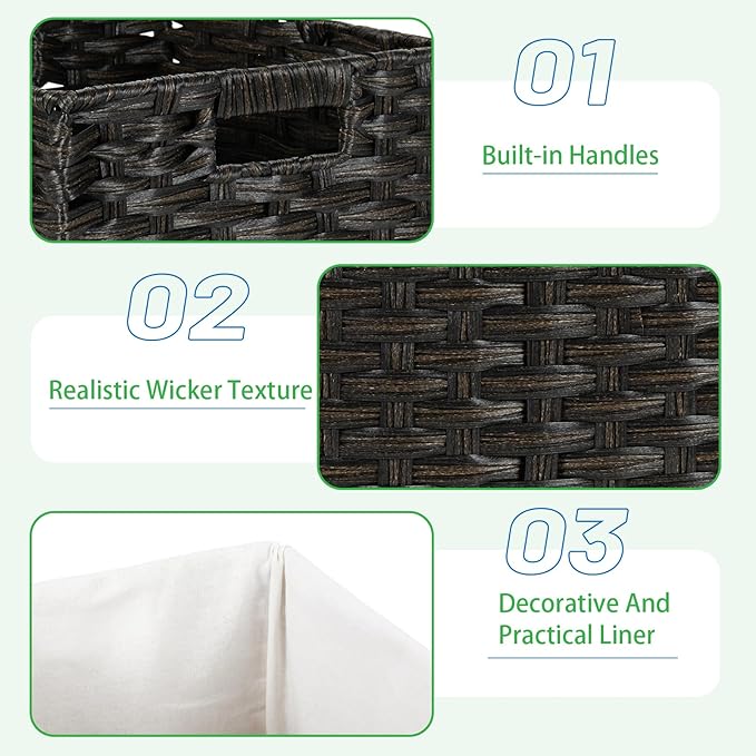 Bidtakay Wicker Cube Baskets with Liners 11 inch 2 Pack Waterproof Imitation Hand-Woven Wicker Storage Baskets for Shelves and Organizing Pantry and Bedroom Blackish-tan