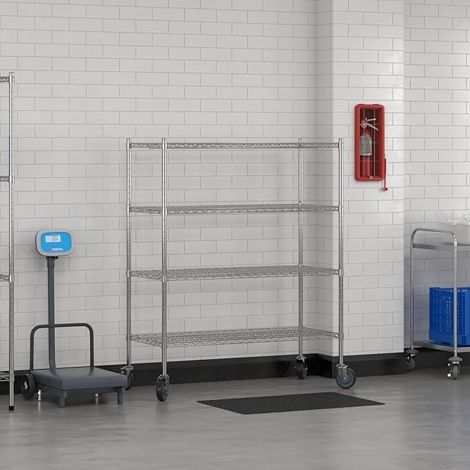 Commercial NSF Listed Chrome Mobile Wire Shelving Kit 21" x 48" x 60", with 4 Shelves Perfect for Warehouse, Walk-in Refrigerator, Freezer, Grocery Store, Restaurant, Dishroom