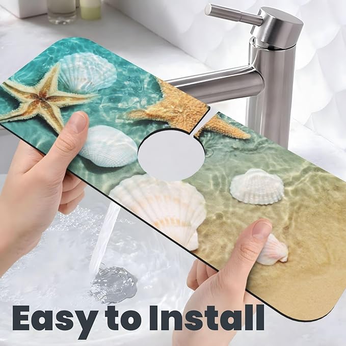 Sea Shells Star Fish Ocean Beach Tide Pool Kitchen Sink Splash Guard Faucet Mat 1 Pcs, Absorbent Fast Drying Mat Gadgets Splash Guard For Bathroom 15 X 5.5 Inches