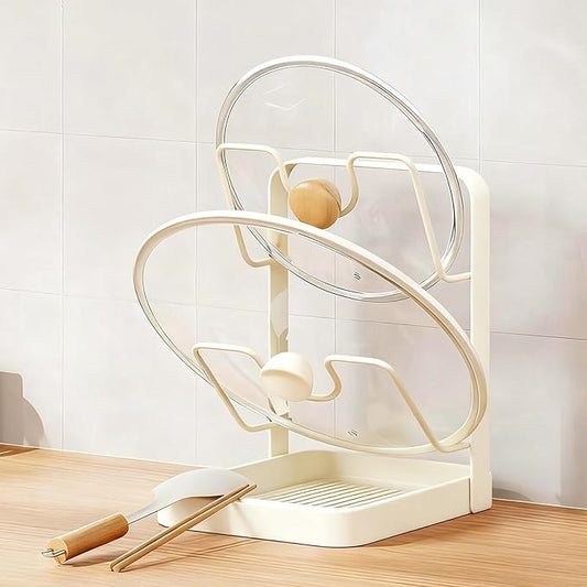 Asaint Kitchen Pot Lid Storage Rack,Countertop Pot Lid Holder With Spoon Rest,Multifunctional Pot Lid Organizer with Removable Drip Tray for Countertop Kitchen Space Tidy (White)
