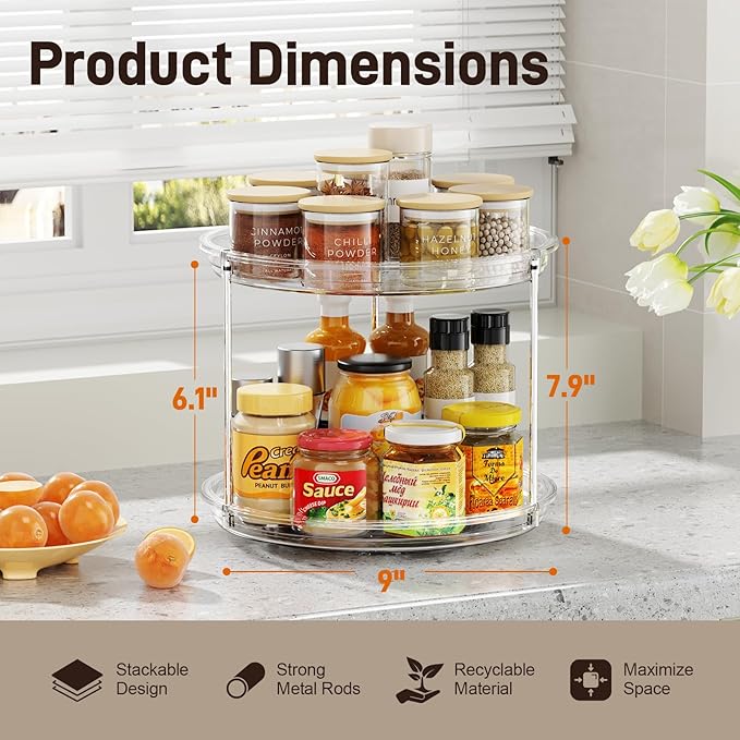 2 Tier Lazy Susan Organizer, 9.25'' Lazy Susan Turntable for Cabinet, Stackable Turntable Organizer Rotating Spice Rack Organization for Kitchen Countertop, Pantry, Bathroom, Clear