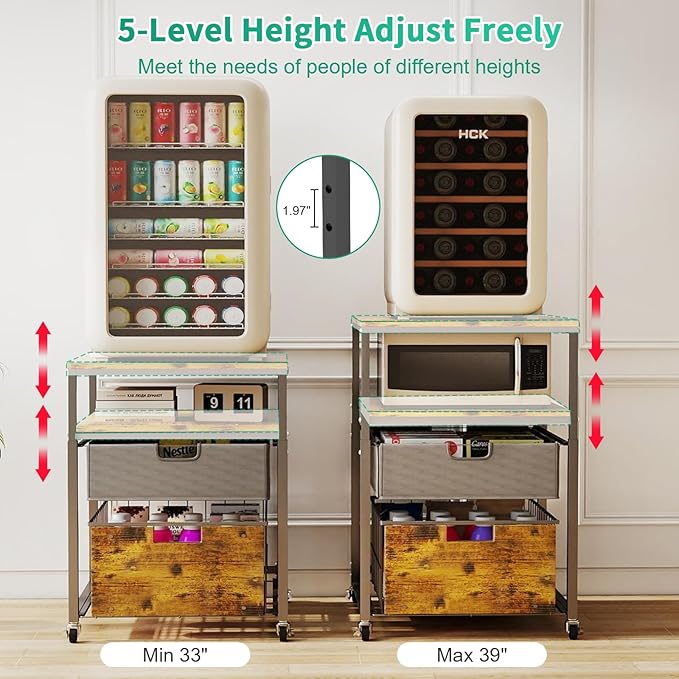 Hadulcet 4-Tier Fridge Stand with Storage Drawer - Rolling Fridge Cabinet with Wheels, Heavy Duty 21.6" L* 22.8" W Fridge Cart, Sturdy Metal Frame, for Home, Apartment, Office, Dorm, Rustic Brown