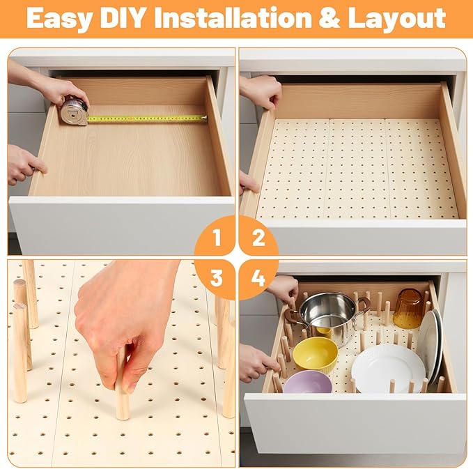 3-Pack Wood Pegboard Drawer Organizer with 24 Adjustable Pegs – Customizable Kitchen Drawer Plate & Utensil Organizer, Natural Wood