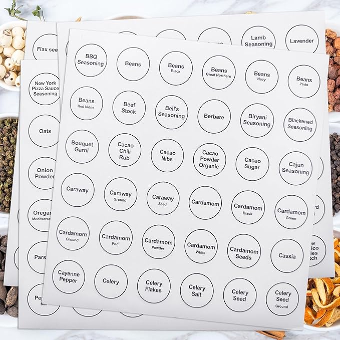Spice Labels, 432Pcs Spice Labels Stickers 1.4in Waterproof Adhesive Round Preprinted Spice with Blank Label Black Tear Resistant Sticker for Kitchen Jars Caps Food Containers Organizers (White)