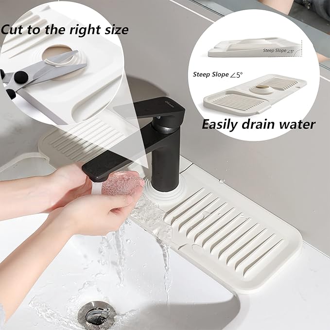 MOODKEY Kitchen Sink Splash Guard Sponge Holder for Kitchen Sink Silicone Faucet Handle Drip Catcher Tray Sink Protector for Kitchen Sink Faucet Mat Fits the Faucet Tube within 2.5"(Off-white, 14.6'')