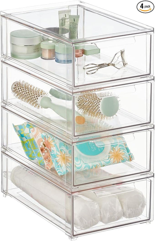 mDesign Plastic Stackable Bathroom Storage Organizer Bin with Pull Out Drawer for Cabinet, Vanity, Shelf, Cupboard, Cabinet, or Closet Organization - Lumiere Collection - 4 Pack - Clear