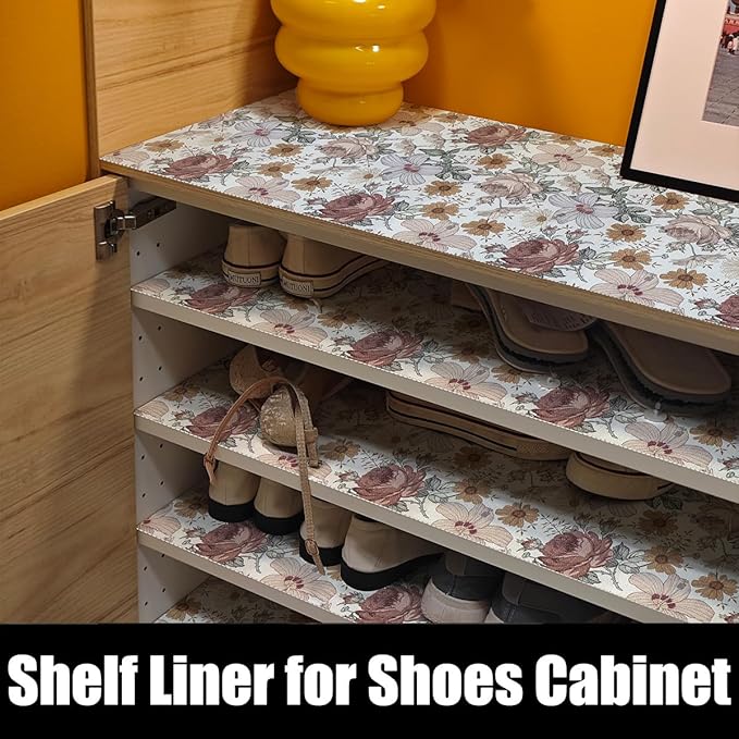 Floral Drawer Shelf Liners, 24IN x 10FT Non Adhesive and Strong Non-Slip Cabinet Drawer Shelf Liners for Kitchen Wire Fridge, Waterproof Shelf Liner,Easy to Clean