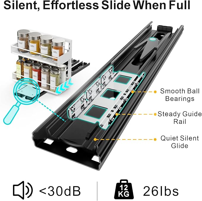 iSPECLE Spice Racks for Inside Cabinet - 1 Pack Rotate Pull Out Spice Rack Easy Access No More Digging, Height Adjustable for 16-20 Spice Jars, Peel and Stick for Over 9" Wide Small Kitchen Cabinet