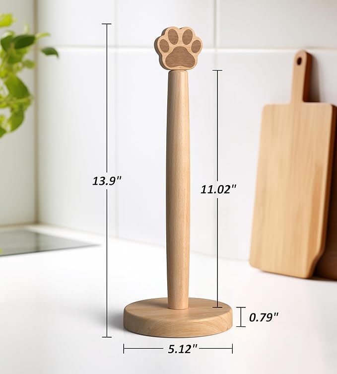 KitchLife Cute Wooden Paper Towel Holder Countertop - Solid Freestanding Paper Towel Dispenser Stand Organizer with Anti-Skid Base (Paw)