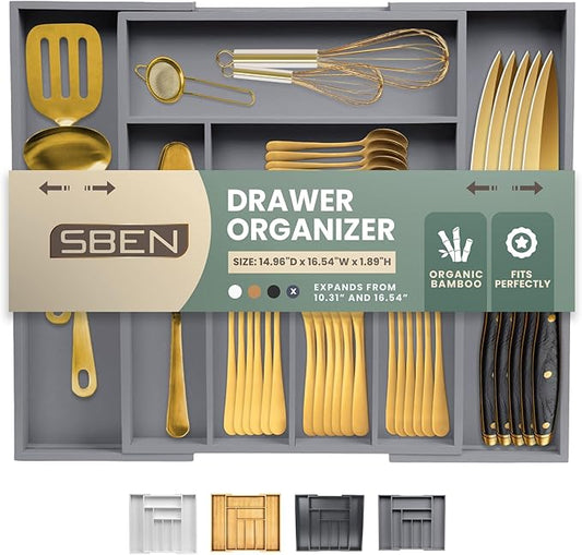 Sben Expandable Drawer Organizer for Utensils Holder, Adjustable Cutlery Tray, 6-8 Slots, Premium Wood Drawer Dividers Organizer for Silverware, Flatware, Knives for Kitchen (Gray)