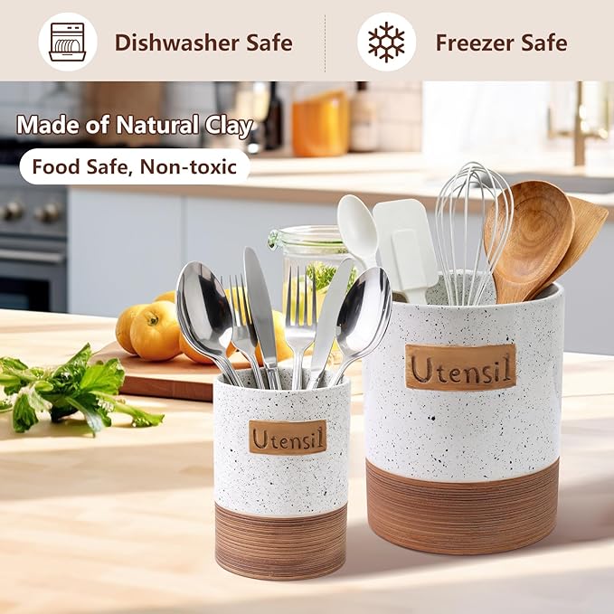 Utensil Holder, 7.1"+5.4" Ceramic Kitchen Utensil Crock for Counter, Farmhouse Cooking Utensil Organizer for Spatula Spoon Silverware Vintage Kitchen Decor Accessories Set of 2, White
