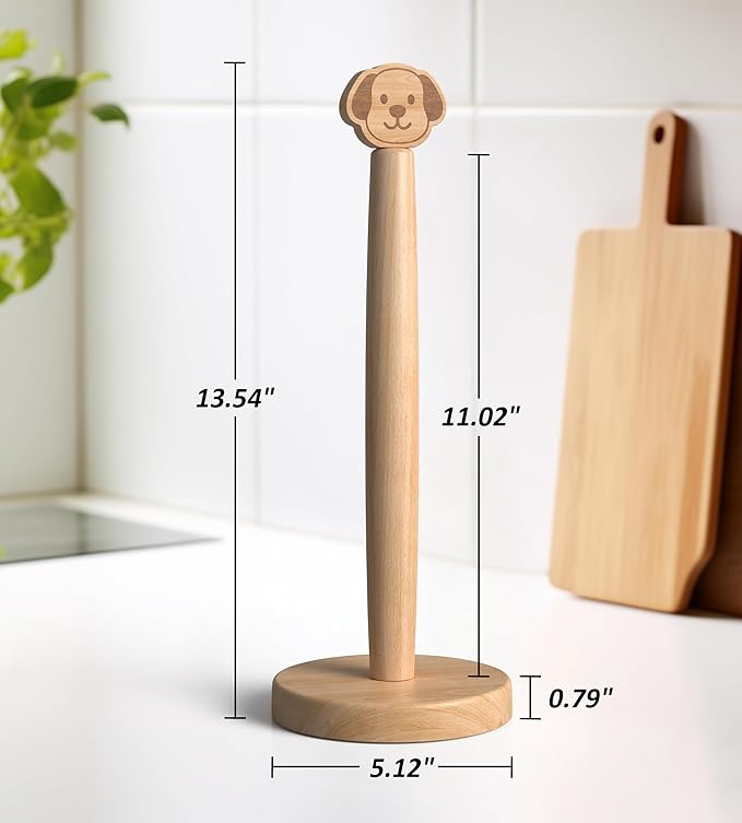 KitchLife Cute Wooden Paper Towel Holder Countertop - Solid Freestanding Paper Towel Dispenser Stand Organizer with Anti-Skid Base (Dog)