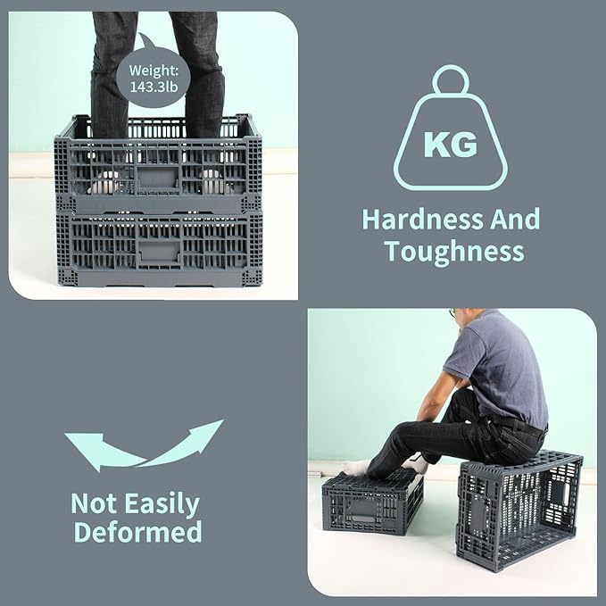QTJH Collapsible Storage Bin/Containe， Transfer box,crate Transit storage of various items (Gray 23.6" L x 15.7" W x 8.6" H-two)