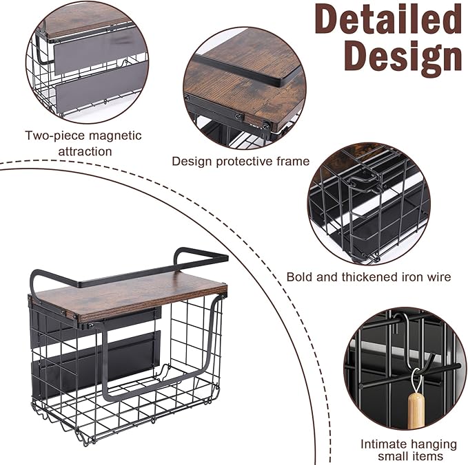 Mowhut Magnetic Shelf for Fridge, Magnetic Spice Rack with Wood Lid & 2 Hooks, Fruit Potato and Onion Storage Bin, Refrigerator Organizers and Storage, Kitchen Pantry Countertop & Cabinet, Black
