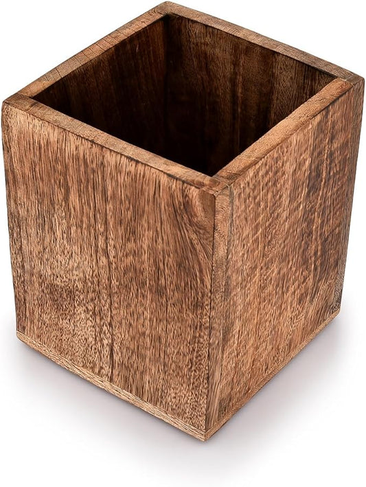 Samhita Mango Wood Burning Finished Kitchen Utensil Holder for Countertop, Utensil Holder Container for Kitchen Cooking Utensil. ( 5"x 5"x 6")