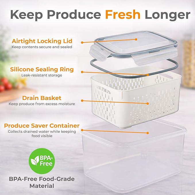 Fruit Storage Containers for Fridge - 3 Pack Food Refrigerator Organizer Basket Bins Set with Vent Lids and Removable Colander, Fruits, Produce, Vegetables, Salad, Lettuce, Berries, Saver Fresh Keeper