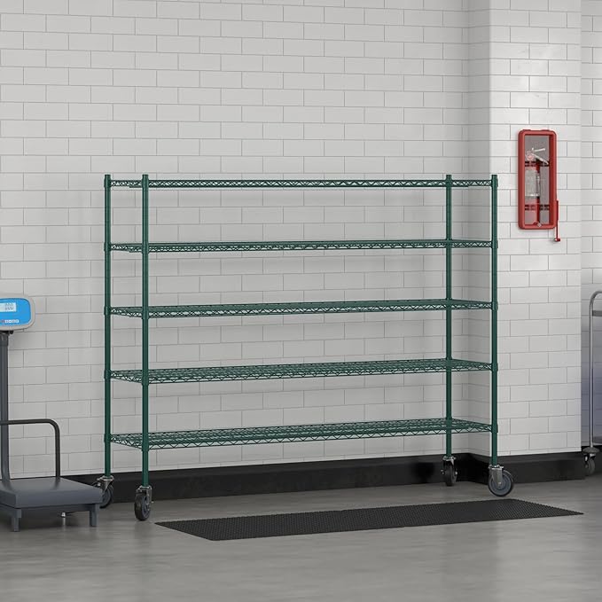 Commercial NSF Listed Green Epoxy Mobile Wire Shelving Kit 18" x 72" x 60", with 5 Shelves Perfect for Warehouse, Walk-in Refrigerator, Freezer, Grocery Store, Restaurant, Dishroom