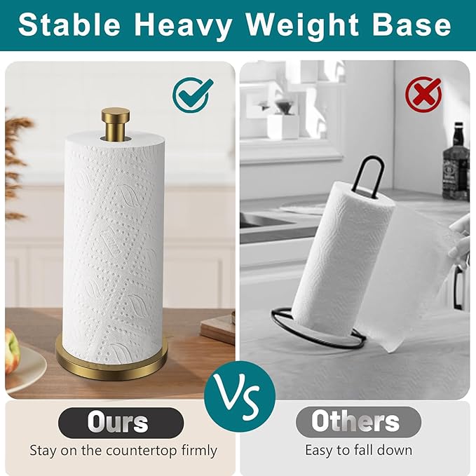 Paper Towel Holder Countertop, Gold Paper Towel Roll Holder for Kitchen Bathroom, One-Handed Operation Stainless Steel Paper Towel Holder with Weighted Base