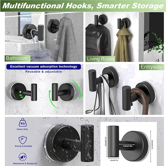 VINHOLD Suction Cup Hooks for Shower, Stainless Steel Towel Hooks for Bathroom Wall, Glass Door, Kitchen, Mirror, Tile, Shower Hooks for Hanging Towels, Robes, Bath Balls (2 Pack，Black)