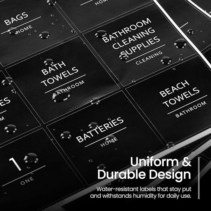 Talented Kitchen 144 Minimalist Laundry Labels – White Print on Matte Black Backing, Waterproof Vinyl Adhesive Stickers for Laundry Room, Kitchen, Pantry, Spice Jars & Household Organization