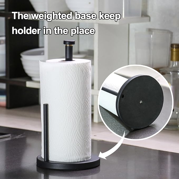 Black Paper Towel Holder Countertop, Black Stainless Steel Paper Towel Holder for Kitchen Bathroom with Anti Slip Weighted Base, Kitchen Roll Holder Fit Standard and Large Rolls