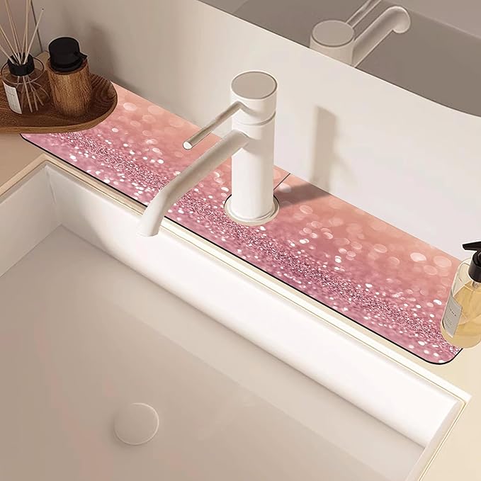 Abstract Pink Glitter Diamond Sink Faucet Absorbing Mat Sink Splash Guard Faucet Mat Draining Mat Fast Drying Sink Protectors for Kitchen and Bathroom 5.5"×24"