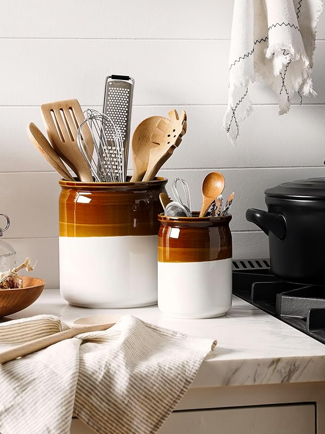 LE TAUCI Kitchen Utensil Holder, 7.2“&5.4” Ceramic Utensil Crock for Countertop, Rustic Modern Farmhouse Decor, Large Heavy Spatula Organizer, Vintage Two-Tone Glossy Glaze, Set of 2, Brown & White