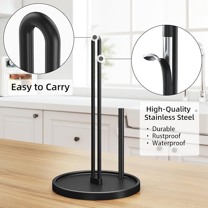 Paper Towel Holder Countertop, Freestanding Paper Towel Roll Holder with Weighted Base, Stainless Steel Standing Papertowel Holder for Kitchen, Matte Black