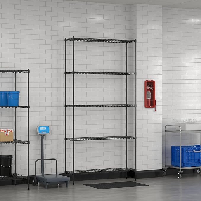 Commercial NSF Listed Black Epoxy Stationary Wire Shelving Kit 14" x 48" x 96", with 5 Shelves Perfect for Warehouse, Walk-in Refrigerator, Freezer, Grocery Store, Restaurant, Dishroom