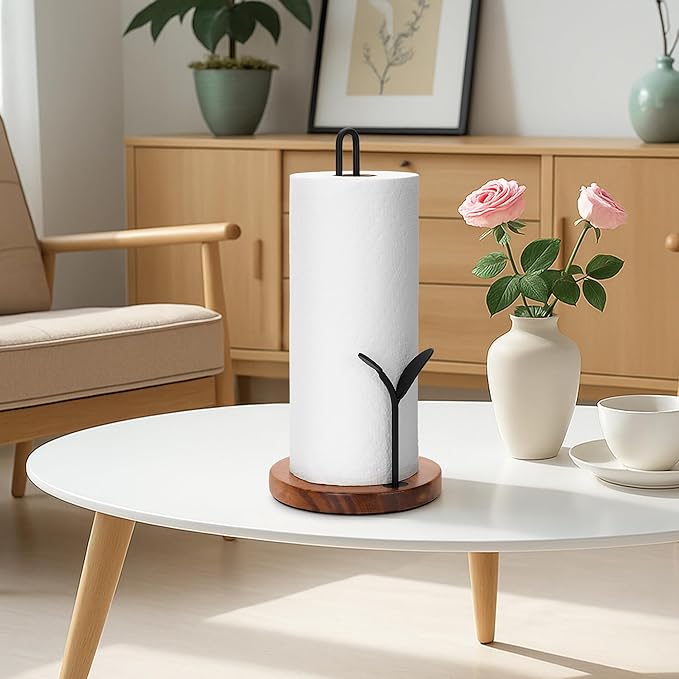 Wood Paper Towel Holder Countertop, Leaf-Shaped Accent Iron Rods with Anti Slip Weighted Base, Easy Tear Farmhouse Kitchen Towel Holder for Dining Table