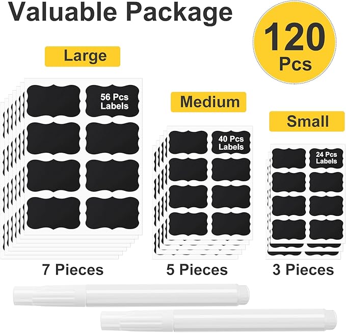 JEFURE 120 Pcs Chalkboard Labels for Storage Bins, Chalk Labels for Containers, Waterproof Mason Jar Labels, Reusable Chalk Labels for Mason Jar, Parties Decoration, Weddings, 2 Liquid Markers