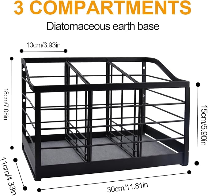 Large Kitchen Utensil Holder for Countertop, Cooking Utensil Holder Organizer with Diatomaceous Earth Base Matte Black, Utensil Organizer for Spatula and Kitchen Utensils (3 Compartments)