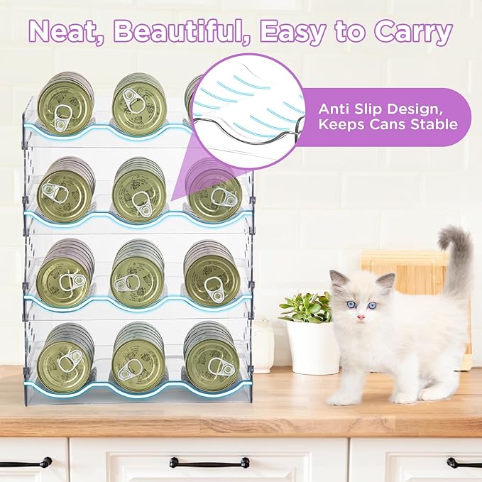 REFLYING Cat Food Can Organizer, Can Organizer for Pantry, Transparent Cat Food Storage Container Holds 72 (3.5oz) Cans, Canned Food Organizer and Storage for Countertop Kitchen Cabinet (4 Layers)
