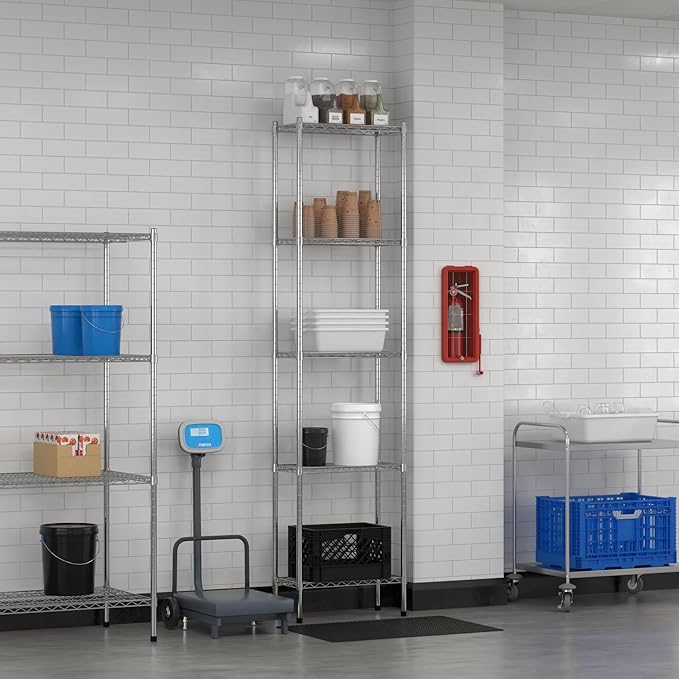 Commercial NSF Listed Chrome Stationary Wire Shelving Kit 12" x 24" x 96", with 5 Shelves Perfect for Warehouse, Walk-in Refrigerator, Freezer, Grocery Store, Restaurant, Dishroom