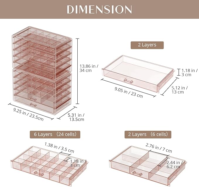 ProCase Acrylic Earrings Holder Organizer Box, Large Clear Earring Jewelry Storage Transparent Stackable Drawers Jewelry Display for Earring Ring Bracelet -Pink, 10 Layers