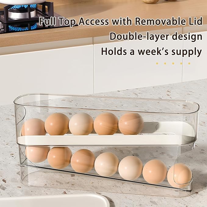 Innovative egg storage box with lid - 12-14 egg holder for fridge, clear egg cartons with auto-roll design, stackable egg rolls container for fresh eggs Large Clear Refrigerator Egg Holder