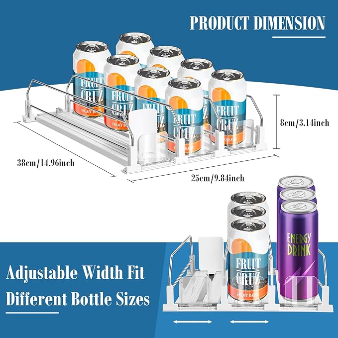 Drink Organizer for Fridge, Adjustable Width Soda Can Dispenser for Refrigerator Organizers and Storage, 3 Rows Beer Bottle Beverage Holder with Pusher Glide (14.96" D, White)