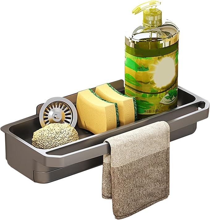 Sink Rack Sponge Organizer | Countertop Kitchen Holder with Auto Drain Tray | Dish Soap Sponge Brush Storage Gear | Durable Water-Draining Sink Rack for Clean and Organized Counters