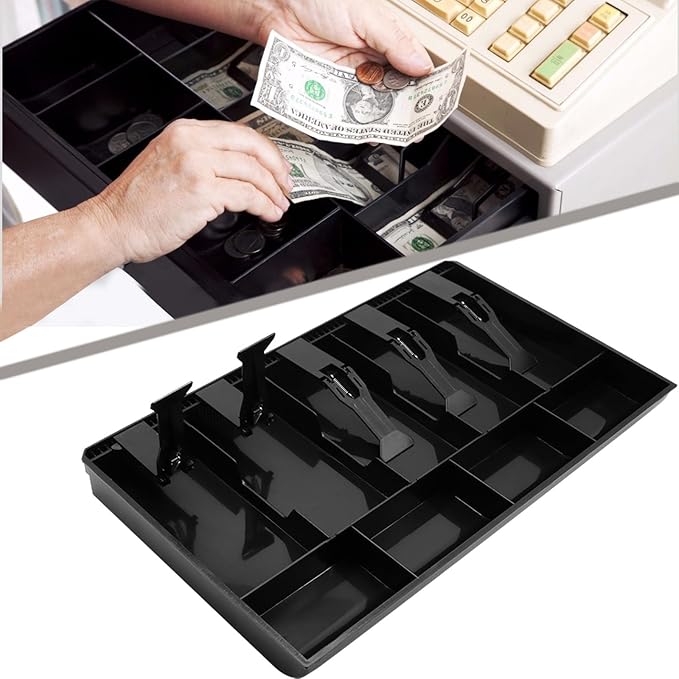 2 Pack Cash Register Drawer Insert Tray Organizer with 5 Bill/4 Coin Compartments for Money Storage, Black