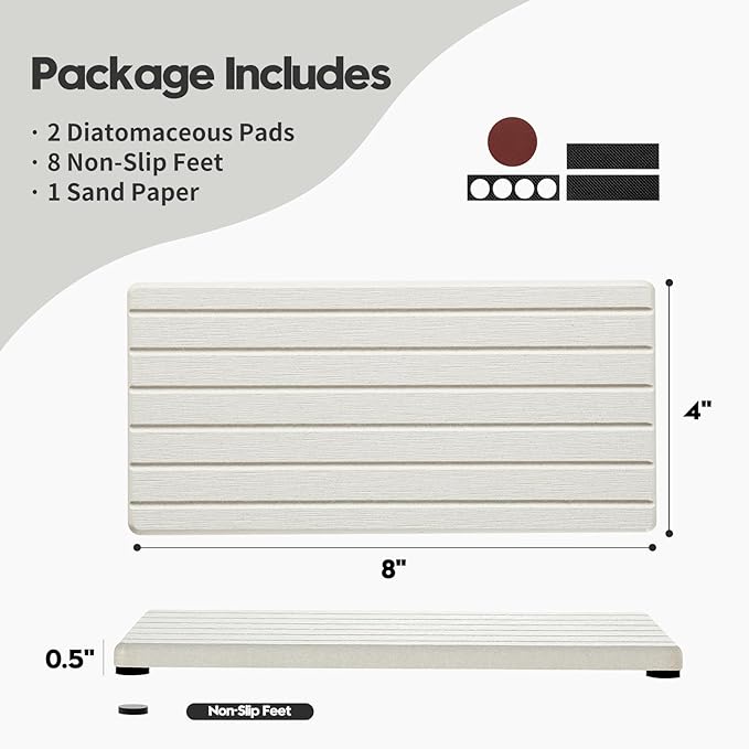 2 Pack Greige Bathroom Sink Vanity Trays, Diatomite Stone Kitchen Counter Caddy Dish Soap Dispenser Sponge Holder, Water Absorbing Mat Organizer for Plant,Cosmetic Bottle, Beige, 8"x3.8"