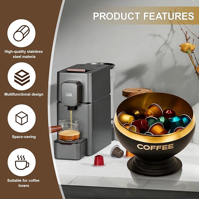 Coffee Pod Holder - Large Capacity Black & Gold Metal Coffee Pod Storage, Capsule Storage Organizer, Coffee Bar Accessories for Kitchen Counter Office Desktop (Black+Gold-7.1in/18cm)