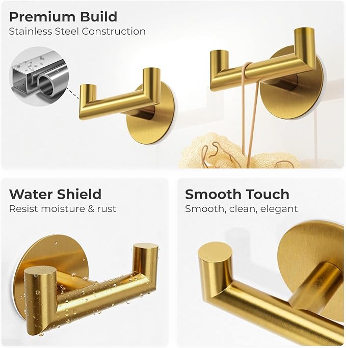 GWAAZXGZ 2 Pack Brushed Gold Bathroom Hooks for Towels - Self Adhesive Double Hooks for Wall, No Drilling, Stainless Steel 304, Strong Hold for Robes, Coats, Shower Use