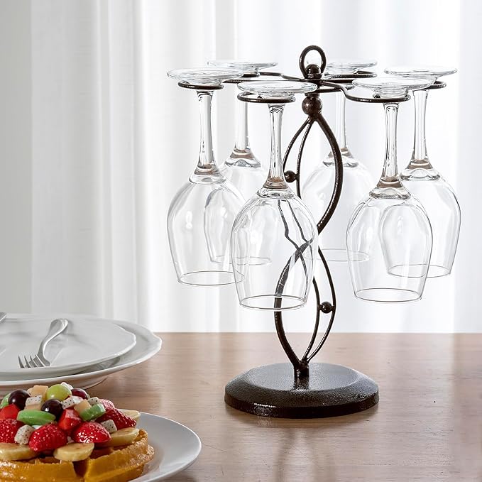 MyGift Bronze Metal Countertop Wine Glass Holder with Scrollwork Design, Freestanding Tabletop Stemware Storage Rack with 6 Hooks