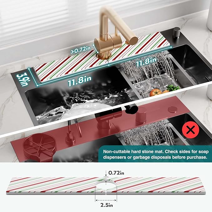 eormoe Stone Faucet Mat for Kitchen Sink, Diatomite Drying Stone Mat for Kitchen Counter, Prevent Moisture – Sink Splash Guard Home Decor (Red/Green, 23.6" x 3.9")