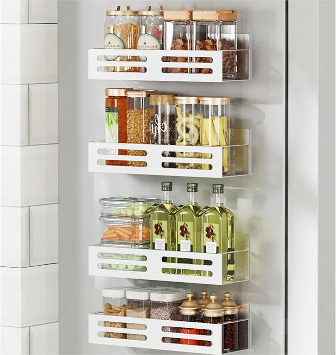 Roysili Magnetic Spice Rack for Refrigerator, Metal Spice Rack Organizer, Magnetic Shelf for Fridge 4Pack White