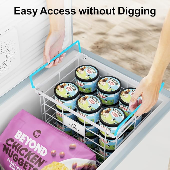 iSPECLE Deep Freezer Organizer Bins - for 3.5 Cu.Ft Chest freezer, 3 Pack Stackable Chest Freezer Organizer with Label Plates & Folding Handles, Heavy Duty Metal Storage, Assembly Required, White