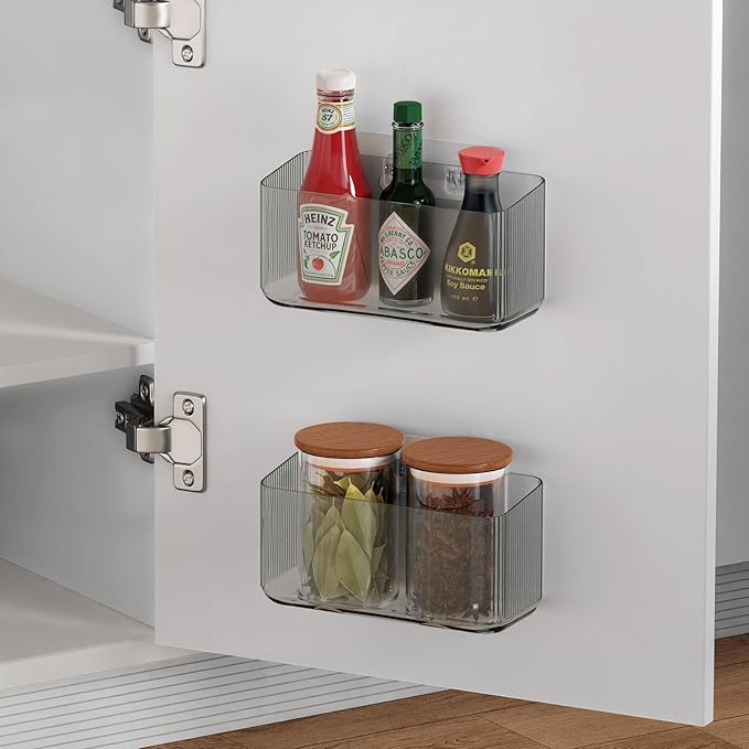 2 Pack Cabinet Door Organizers - Plastic Wrap Holders for Kitchen - No Drilling Wall Door Mount - Clear Grey